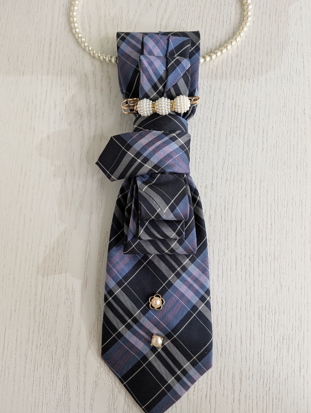 Pearl-Accented Black and Blue Plaid Necklace - Women Jewelry Necklaces
Handmade